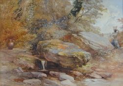THOMAS LINDSAY watercolour - female figure carrying water by a brook with rocks and water vessel,