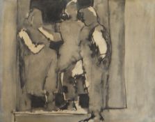 JOSEF HERMAN inkwash and pencil - three standing figures in a doorway, 20 x 25cms (unframed and