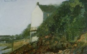 GORDON STUART coloured print - the boathouse, Laugharne, signed in full, 27 x 41cms (framed and