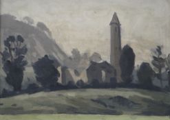 SIR KYFFIN WILLIAMS RA oil on board - early Irish landscape with monastery, entitled verso '