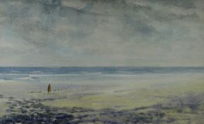 GWILYM PRICHARD watercolour - single figure working on a beach, signed and dated 1983, 29 x 48cms (