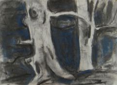 WILL ROBERTS charcoal and pastel - woodland, entitled verso on Attic Gallery label 'Winter Beeches',