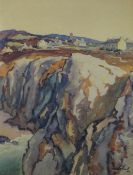 WILL EVANS watercolour - Rhossili cliffs with the village and St Mary's church, signed, 52 x