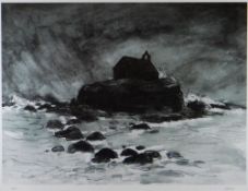 SIR KYFFIN WILLIAMS RA artists proof - St Cwyfan's church, Llangwyfan with storm clouds and stormy