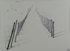 DEWI TUDUR MORUS ink on paper, mounted but unframed - starlings in a snow covered vineyard,