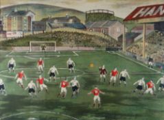 ARTHUR CHARLTON (1917-2007) colour lithograph - Swansea footballers playing against a team at the