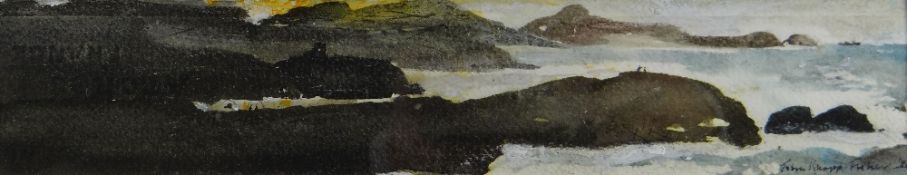 JOHN KNAPP-FISHER mixed media - coastal scene with distant vessel and two small figures, entitled