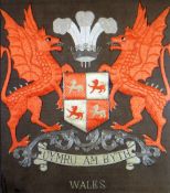 WELSH COAT OF ARMS SILK EMBROIDERY PANEL with two opposing dragons, Prince of Wales feathers, 37 x