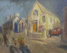 GARETH PARRY oil on board - street scene with two ladies observing a chapel with an agents sold
