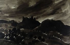 SIR KYFFIN WILLIAMS RA inkwash - dramatic landscape with castle, entitled on Albany Gallery label