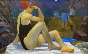 CLAUDIA WILLIAMS oil on canvas - bather by the shore with two figures, entitled verso on Martin