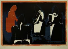 JOSEF HERMAN limited edition (31/100) linocut print - four standing peasant female figures, signed