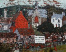 GWILYM PRICHARD oil on board - village scene with church and houses, with Arts Council of Great