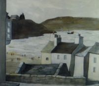 JOHN KNAPP-FISHER limited edition (360/850) colour lithograph - coastal village and figures on a