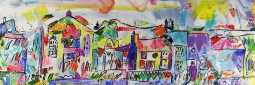 CATRIN WILLIAMS mixed media on canvas - colourful cottage and other properties, signed and
