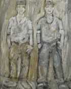 RAY EVANS oil on canvas - signed with exhibition label verso titled 'Two Miners', 74 x 58cms (framed