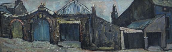 JONATHAN CRAMP oil on board - industrial sheds and buildings in Pembrokeshire street, entitled verso