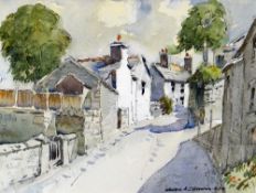 MAURICE GREENWOOD watercolour - street scene, Llanfair Talhaiarn, signed, 23 x 30cms (framed and