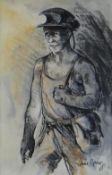 VALERIE GANZ mixed media - three quarter portrait of a standing miner in vest with satchel and