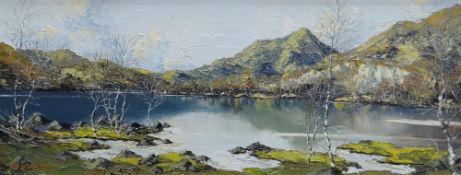CHARLES WYATT WARREN oil on board - Snowdonia lake with silver birch trees, entitled 'Yr Aran from