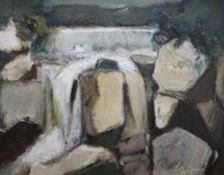WILL ROBERTS oil on board - South Wales river scene, entitled verso 'Waterfall, Aberdulais',