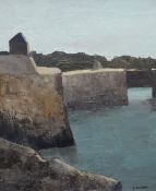 G ROBERTS oil on board - harbour wall, entitled verso 'Amlwch Port', signed, 53 x 43cms (framed
