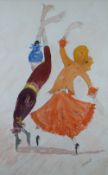 VERA BASSETT watercolour and pencil - two eccentric female dancers, signed, 52 x 33cms (framed and