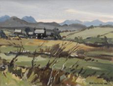 DONALD McINTYRE oil on board - landscape with a farmhouse and mountains beyond, signed, 34 x