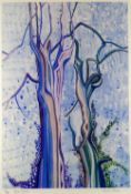 CAROL OWEN limited edition (2/100) mixed media print - entitled 'Blue Trees', signed, 34 x 24cms (