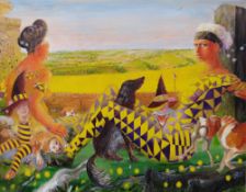 RICHARD O'CONNELL unframed oil on canvas - surrealist view of the Cotswold's with golden rape fields