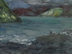 GWILYM PRICHARD mixed media - entitled verso on Martin Tinney Gallery label 'Lake, North Wales