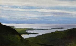 JOHN PELL acrylic - North Wales coastal scene, entitled verso 'From Mynydd Nefin', signed, 15 x