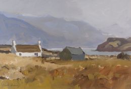 GARETH THOMAS gouache - Scottish white washed cottage and barn beside a loch, entitled verso '