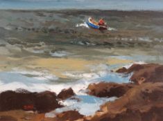 DONALD McINTYRE acrylic - coastal scene with small motorboat and figure, heading out, signed with