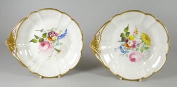 A PAIR OF SWANSEA PORCELAIN SHELL SHAPED DISHES of lobed form, gilded fan handle and gilded rim