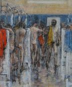 VALERIE GANZ mixed media - male figures in a shower room of a colliery, signed, 30 x 25cms (framed