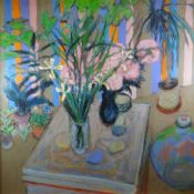 JACK SHORE acrylic on board - entitled verso 'Still Life With Irises', signed, 88 x 87cms (framed
