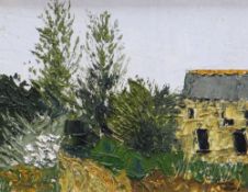 GWILYM PRICHARD oil on board - farm building with trees, entitled verso 'Path From a Farm,