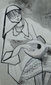 CLAUDIA WILLIAMS inkwash - study of a seated figure playing a stringed instrument, entitled verso '