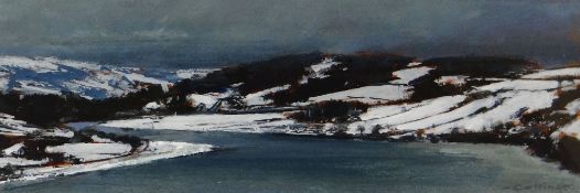 MARTIN COLLINS acrylic on board - Conwy river in snow, entitled verso 'Avon Conwy, Deep Winter',