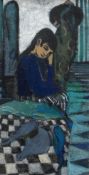 CLAUDIA WILLIAMS oil on board - young seated girl by stairs in contemplation, unsigned, 75 x