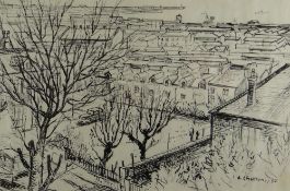 ARTHUR CHARLTON (1917-2007) pen and ink drawing - the roof tops of Swansea with old motorcar,
