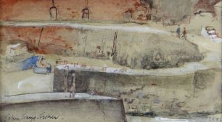 JOHN KNAPP-FISHER watercolour - figures walking on harbour wall above boats, signed and titled verso