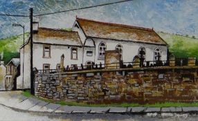 HOWELL DAVIES oil on panel - chapel with graveyard, entitled verso 'Welsh Chapel (Nantymoel)',