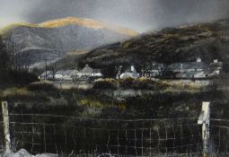 DARREN HUGHES mixed media - Snowdonia landscape with village and barbed wire fence, entitled