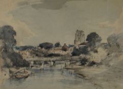 ARTHUR E DAVIES watercolour and mixed media - river scene with bridge and cathedral/church, signed