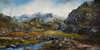 GWYNETH TOMOS oil on canvas - expansive Snowdonia landscape with river and old stone bridge,