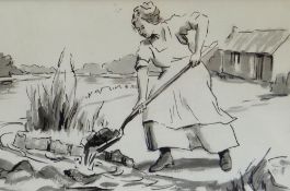 DELYTH LLWYD EVANS DE JONES pair of pen and ink drawings - relating to the Welsh settlement in