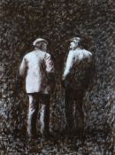 ANEURIN JONES mixed media - two standing farmers, entitled verso 'Llwyn Cor', signed, 52 x 39cms (