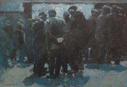 ANEURIN JONES oil on board - livestock mart scene with numerous standing farmers, signed, 51 x 71cms